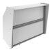 A white reception desk with a grey frame.