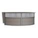 A Correll curved laminate reception desk with a glass panel.