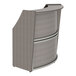 A grey Correll laminate reception counter with a curved top.