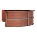 A cherry laminate 4 panel curved U-shape reception desk with a metal frame.