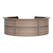 A walnut laminate 5 panel curved U-shape reception counter with a metal frame.