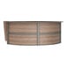A walnut laminate curved reception counter with metal legs.