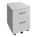 A white file cabinet with two drawers on wheels.
