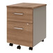 A steel mobile pedestal filing cabinet with two walnut laminate drawers and wheels.