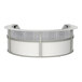 A white and grey curved reception desk with a silver base.