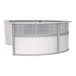 A white and grey curved reception desk with a glass top.