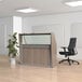 A walnut laminate reception desk with a see-through glass panel over a wooden desk with a chair and a plant.