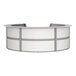 A white laminate curved reception counter with a curved top.