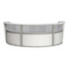 A white and silver curved reception desk with a white background.