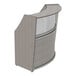 A grey ash laminate curved reception desk with a white cover.