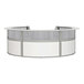 A white reception desk with a curved top and silver trim.