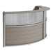 A Correll curved reception desk with a glass panel.