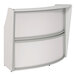 A white reception desk with a curved top and grey edge.