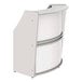 A white Correll reception desk with a curved top.
