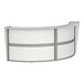 A white Correll curved reception desk with white and grey accents.