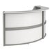 A white Correll curved reception counter with 2 panels.