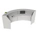 A white Correll curved reception counter with a computer and keyboard on it.