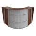 A brown rectangular Correll reception desk with a curved top and a white see-through panel.