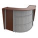 A Correll curved cherry laminate reception desk with a see-through panel.