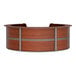 A cherry laminate Correll curved reception desk with a metal frame.