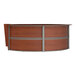 A cherry laminate curved U-shaped reception desk with a curved top.