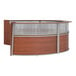 A cherry laminate curved reception desk with see-through glass top panels.