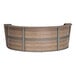 A walnut laminate Correll curved U-shape reception counter with a metal frame.