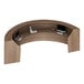 A Correll walnut laminate curved U-shape reception counter with two computer monitors on it.
