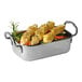 An APS stainless steel rectangular mini serving pan with food in it.