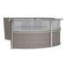 A Correll curved ash laminate reception desk with a curved counter.