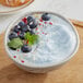 A bowl of blueberry yogurt topped with a close-up of blueberries.