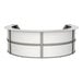 A white laminate curved reception counter with a curved top.