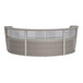 A Correll curved ash laminate reception desk with a glass top.