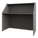 A grey Correll reception desk with a shelf on top.