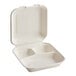 A white molded fiber hinged takeout container with three compartments.