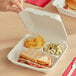 A hand holding a sandwich and potato chips in a Dart ProPlanet bagasse takeout container.