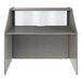 A grey reception desk with a clear counter panel.