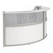 A white and silver Correll curved reception desk with 2 panels.