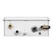 A white Eccotemp natural gas tankless water heater with gold and silver pipes.