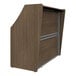 A walnut laminate reception desk with a white background.