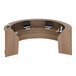 A Correll curved walnut laminate reception counter with computers on it.