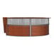 A Correll cherry laminate curved reception desk with a see-through top panel.