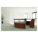 A Correll cherry laminate curved reception desk with a see-through top panel.