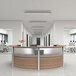 A walnut laminate U-shaped reception desk with a silver and wood surface.