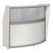 A white and grey Correll curved reception desk.