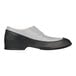 A close-up of a black and grey Tingley Weather Fashions rubber overshoe with a black sole.