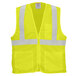 A yellow mesh safety vest with white reflective stripes.