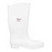 A Tingley white knee boot with a logo in red.