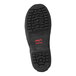 A close-up of a Tingley Winter-Tuff rubber overshoe with black uppers and red soles.