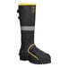 A black and yellow Tingley steel toe boot with a yellow stripe.